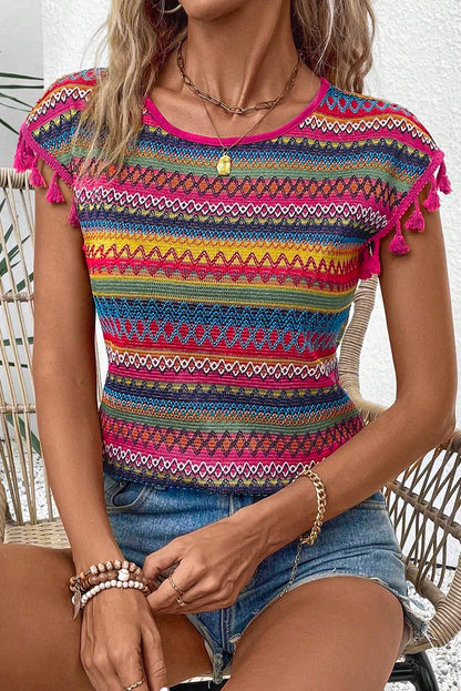 Rose Red Jacquard getextureerde Tasseled Cap Sleeve top