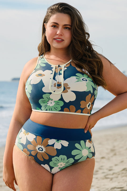 Groene bloemen gedrukte ritssluiting plus twee stukken bikini