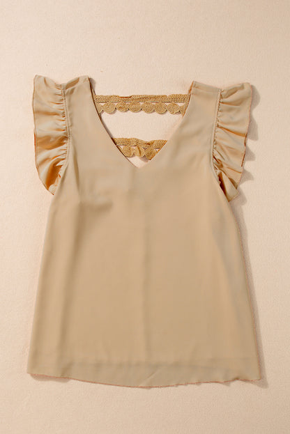 Perkament V-hals blouse met ruches, kanten verfraaide holle achterkant