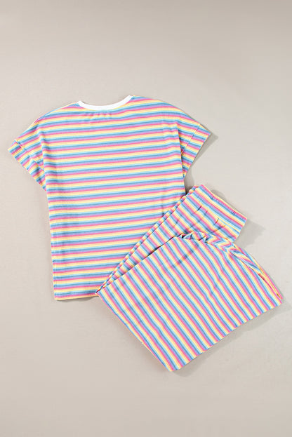 Roze gestreepte regenboog T-shirt met kwastjes en wijde pijpen broekenset