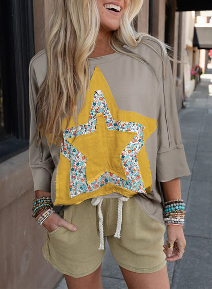 Rose Tan Floral Starbust Exposed Seam Mineral Wash Top