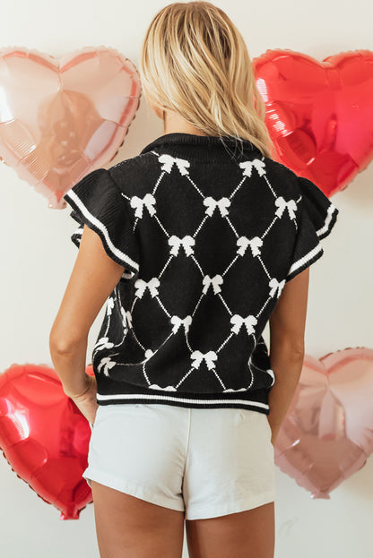Zwart preppy vibes boogafdruk met ritssluiting van kraag trui