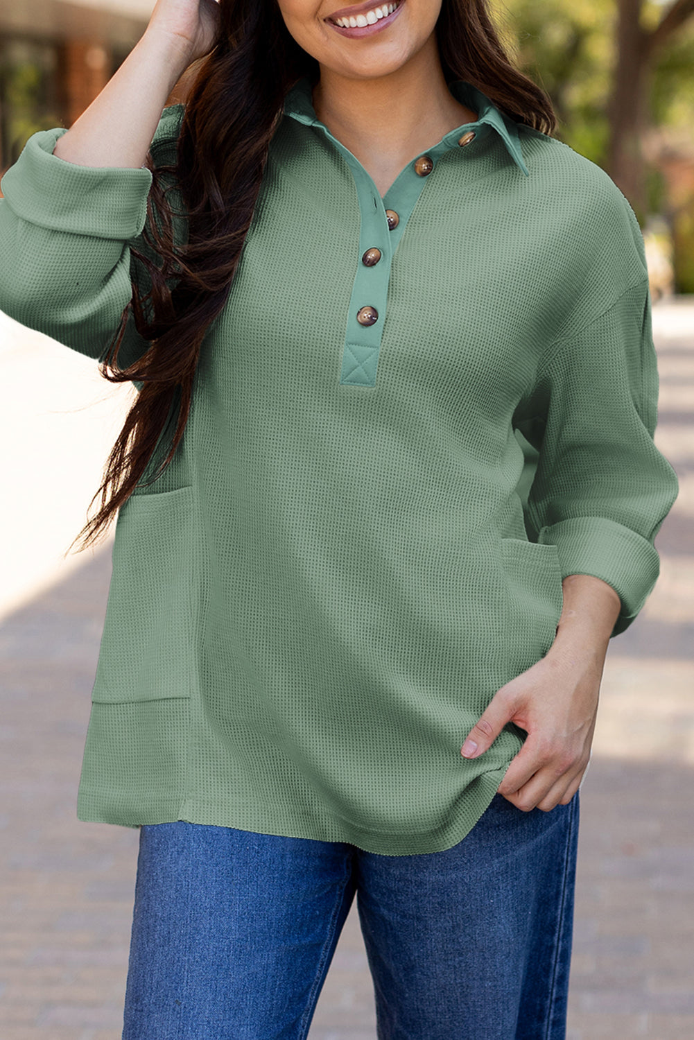 Jet Stream Waffle Long Sleeve Collar Half Button Loose Top
