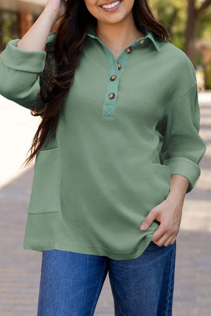 Jet Stream Waffle Long Sleeve Collar Half Button Loose Top