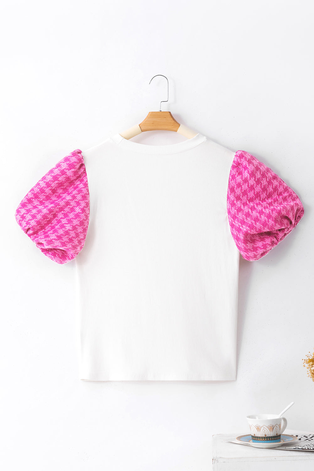 Witte contrasterende tweed top met pofmouwen