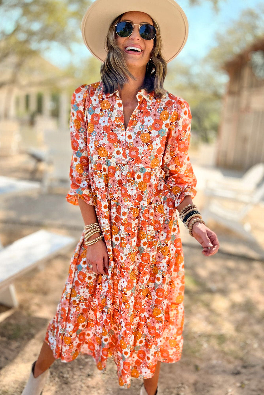 Veelkleurige Boho gebloemde jurk met lange mouwen en ruches