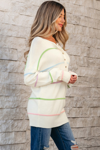 Witte regenboogstrepen laten schouderbaggy henley trui
