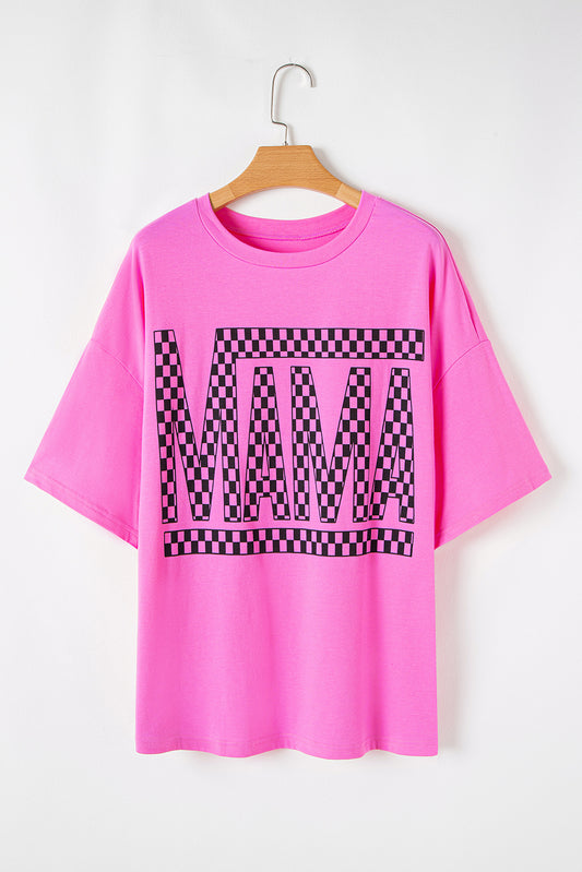 Bright Pink Checker Mama Letter Gedrukt grafisch plus size t -shirt