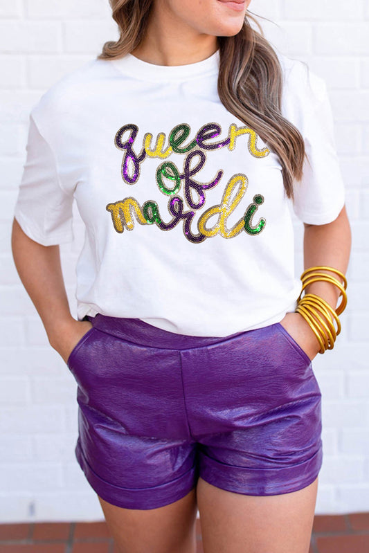 Witte koningin van Mardi -pailletten Letter Grafisch t -shirt
