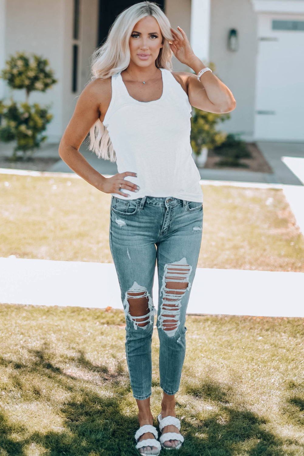 Witte basic effen tanktop met ronde hals