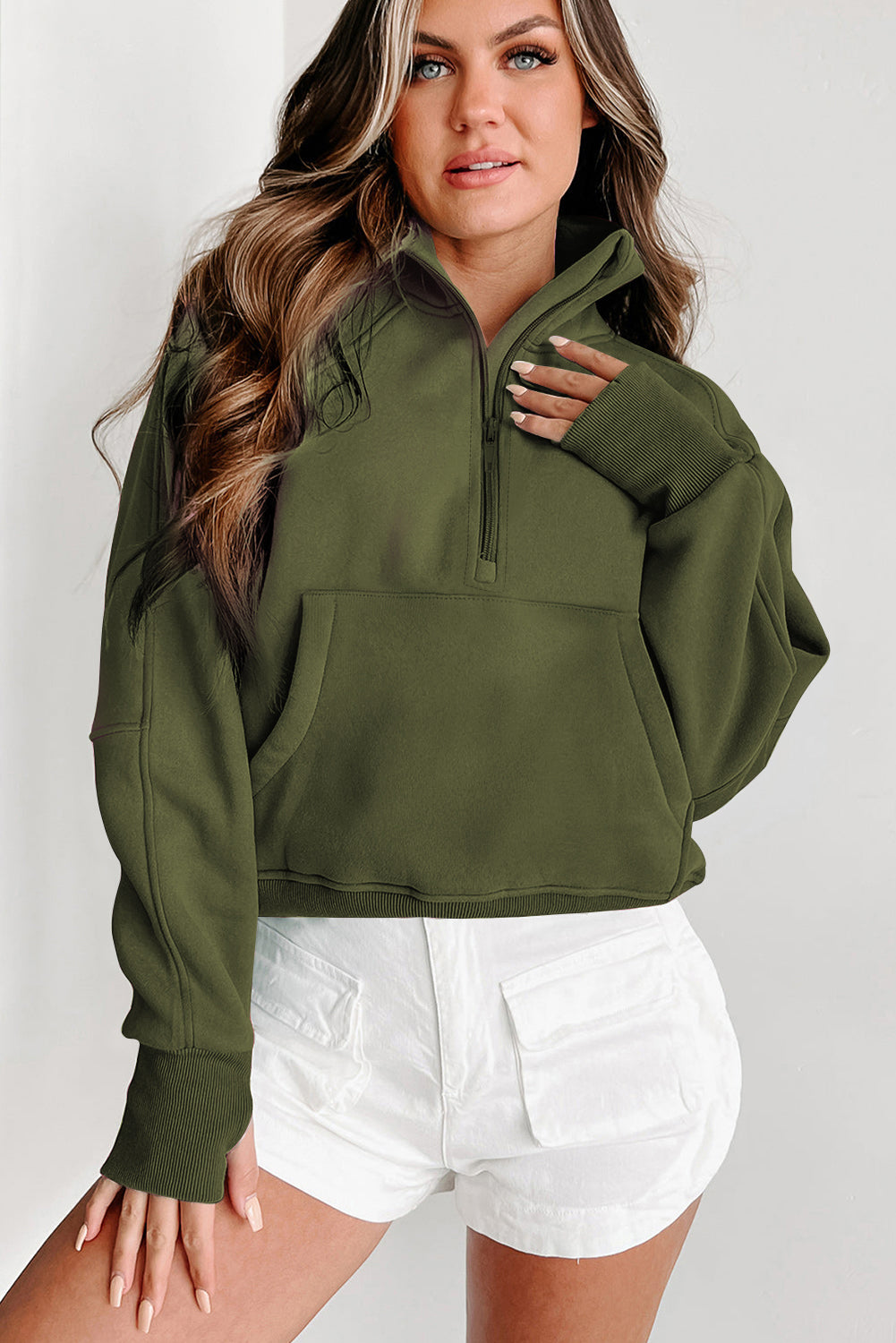 Smoke Green Fleece Lined Zip Up Stand Collar Thumbhole Sleeve Sweatshirt