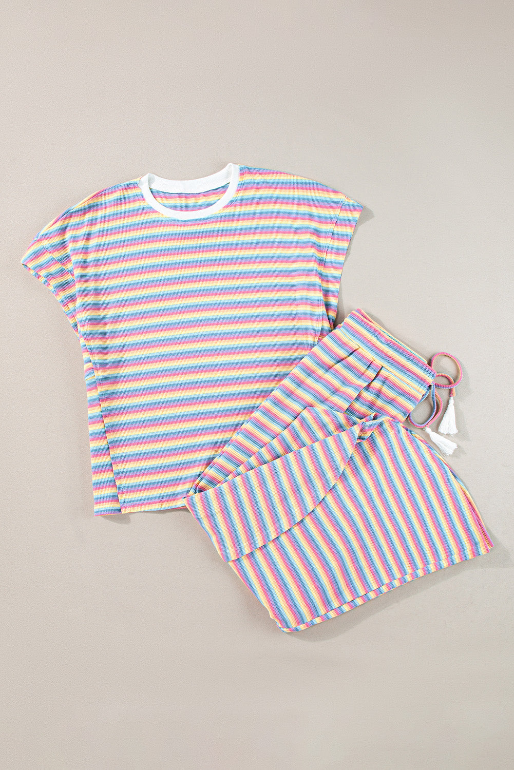 Roze gestreepte regenboog T-shirt met kwastjes en wijde pijpen broekenset