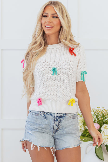 Wit kleurrijke boog gebreide mockhals sweater met korte mouwen