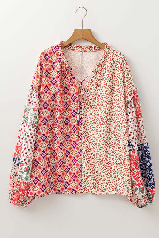Oranje bloemen geometrisch patchwork veter-up Crewneck plus size blouse