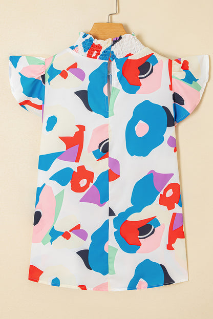 Gesmokte blouse met veelkleurige abstracte print en ruches aan de mouwen