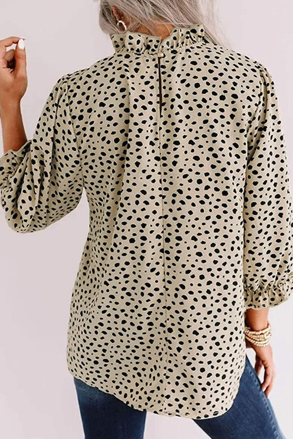 Kaki Cheetah-blouse met 3/4 mouwen en ruches aan de hals