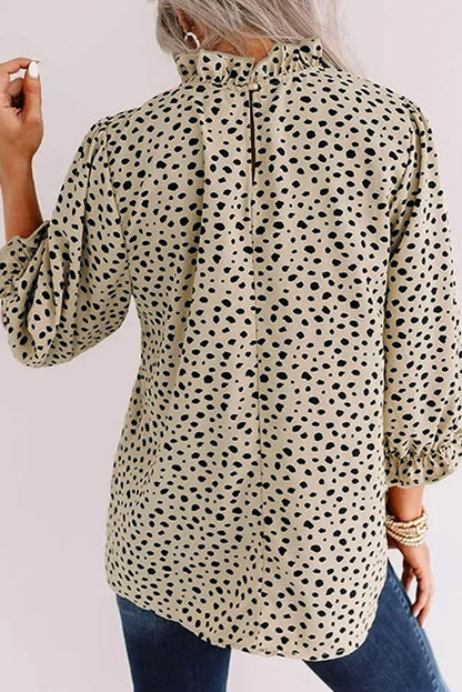 Kaki Cheetah-blouse met 3/4 mouwen en ruches aan de hals