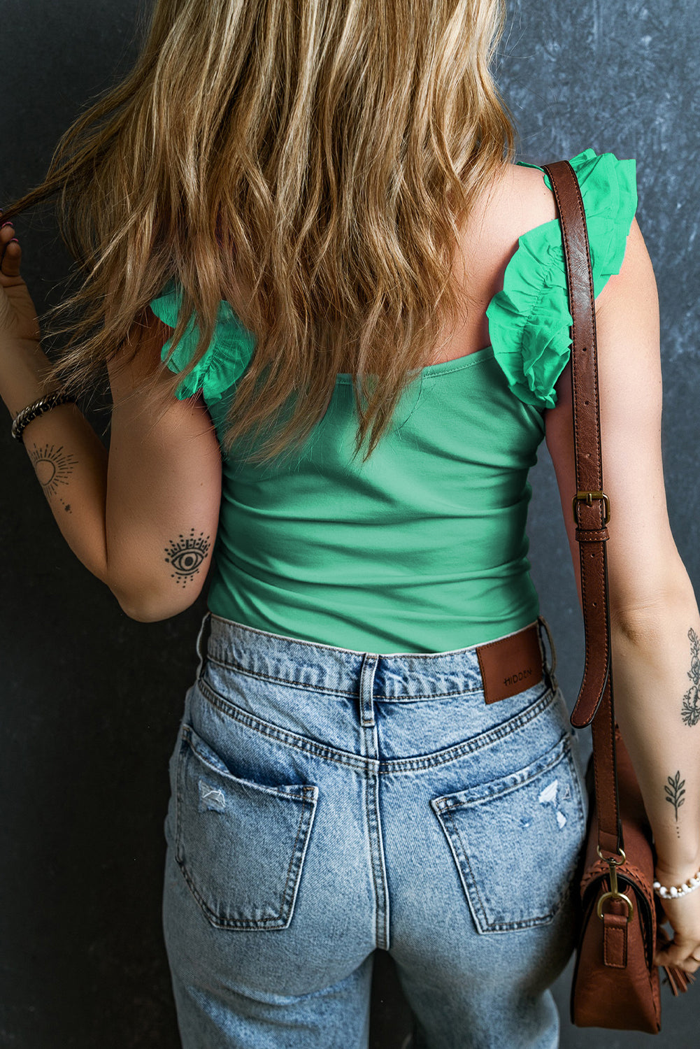 Mintgroene slanke tanktop met ruches en brede bandjes