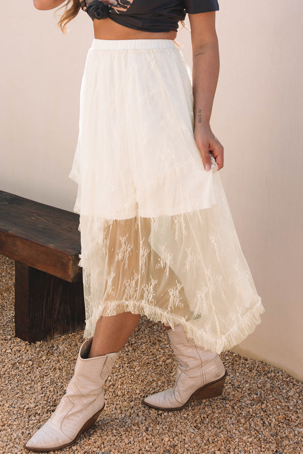 Beige Lace Cascading Tiered High Taille Maxi Rok