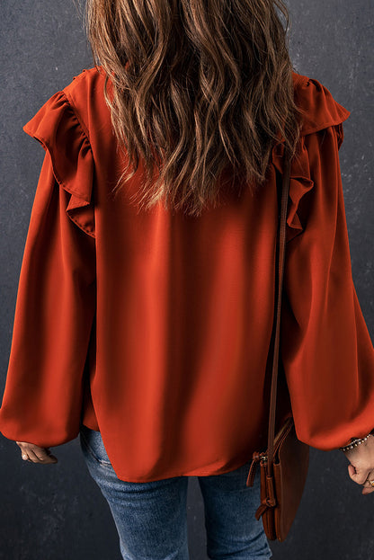 Oranje geplooide geplooide blouse met V-hals en knopen