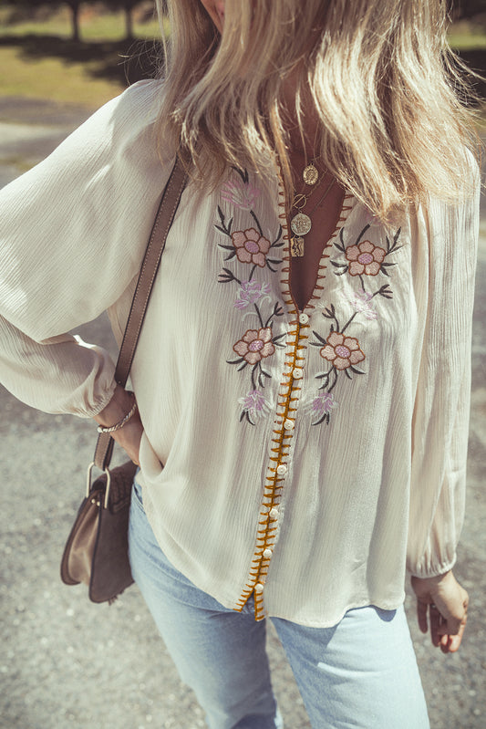 Beige bloemen geborduurd getextureerde puff mouw losse shirt