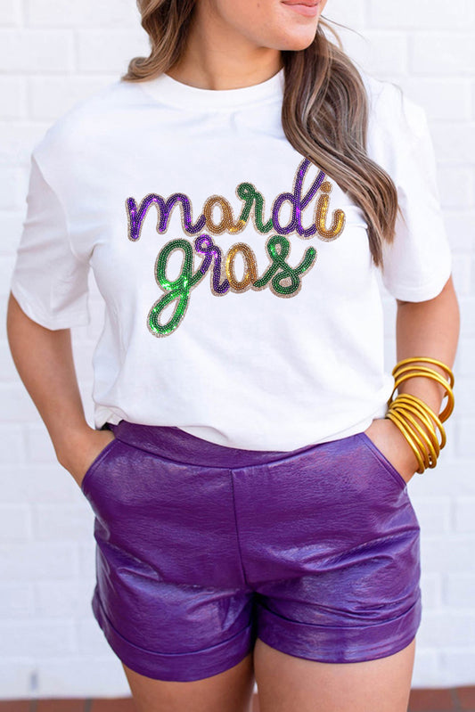 Wit grafisch t -shirt van witte pailletten mardi gras