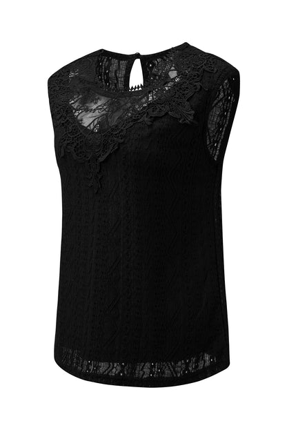 Zwarte guipurekant gehaakte tanktop met sleutelgat achteraan