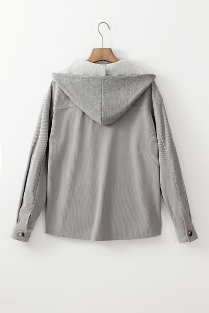 Lichtgrijze corduroy shacket met capuchon en trekkoordzakken