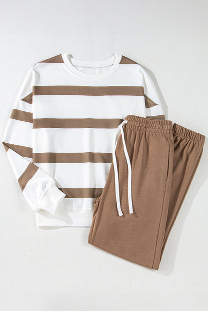 Bruine streep gestreepte druppel schouderpullover en jogger broek set