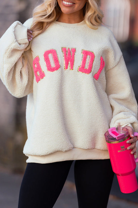 Beige Sherpa Howdy Patched Pullover Sweatshirt