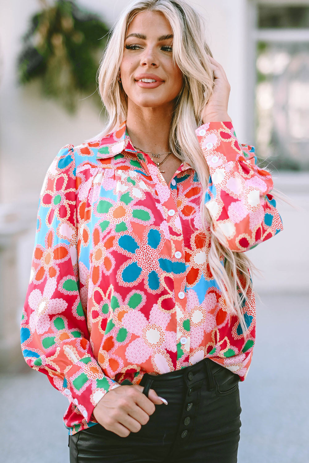 Overhemd met veelkleurige bloemenprint en bubbelmouwen