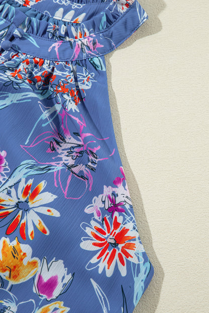 Hemelsblauwe tanktop met bloemenprint en knoopsluiting