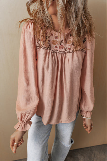 Gossamer Pink bloemen geborduurde textured founce mouw elegante blouse