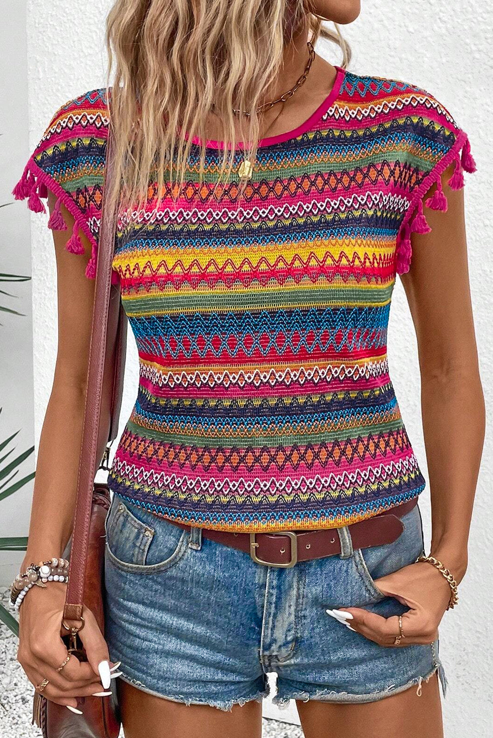 Rose Red Jacquard getextureerde Tasseled Cap Sleeve top