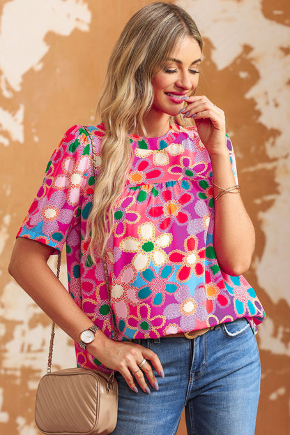 Paarse boho bloemenprint top met korte mouwen en bladerdeeg