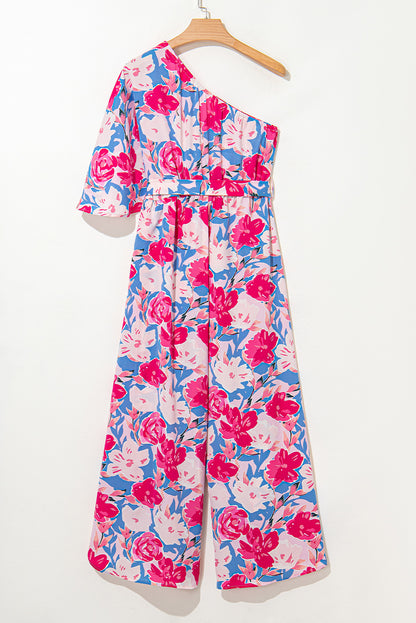 Roze bloemenprint asymmetrische halslijn enkele schouder drape mouw riem jumpsuit