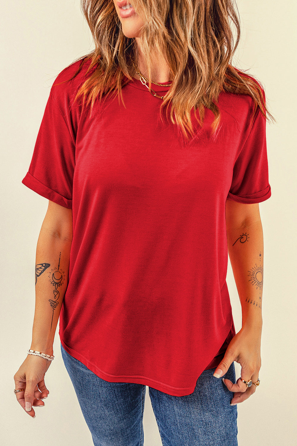 Rood casual effen T-shirt met ronde hals