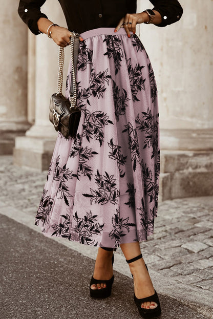 Perzik bloesem bloemenbladeren geborduurd hoge taille maxi rok