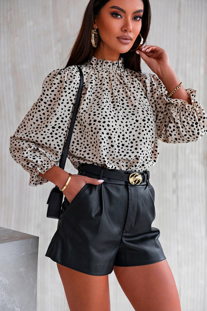 Kaki Cheetah-blouse met 3/4 mouwen en ruches aan de hals