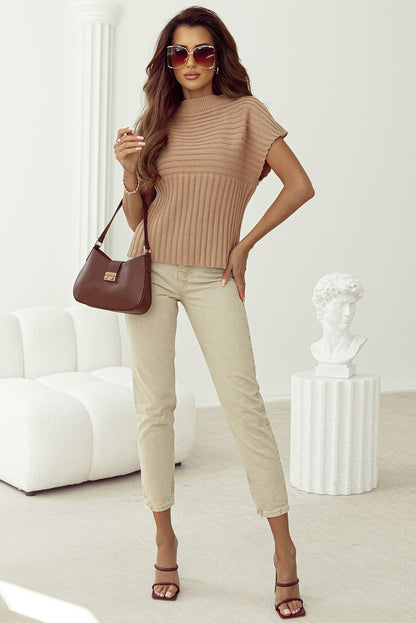 Licht Frans beige ribgebreid trui-T-shirt met wijde mouwen