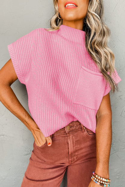 Beau Blue Patch Pocket geribbeld gebreide trui met korte mouwen