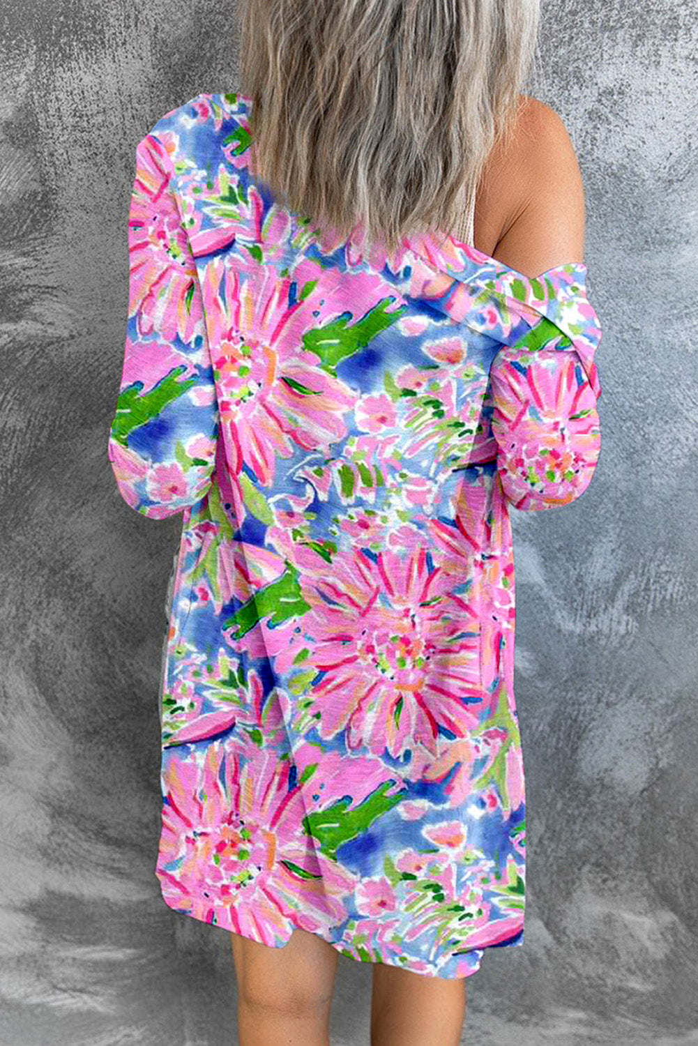 Roze bloemenprint vest met lange mouwen en knopen