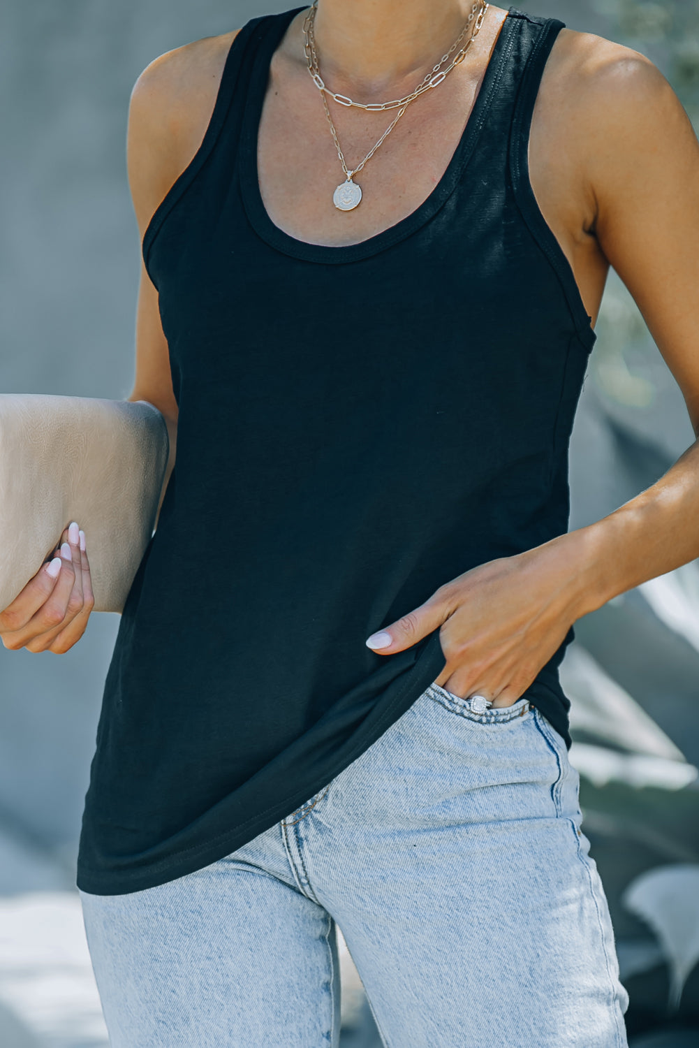Zwarte basic effen tanktop met ronde hals