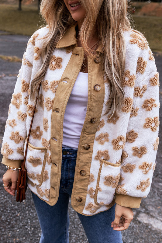 Licht Frans beige schattige bloempatroon knoop op fleece jas