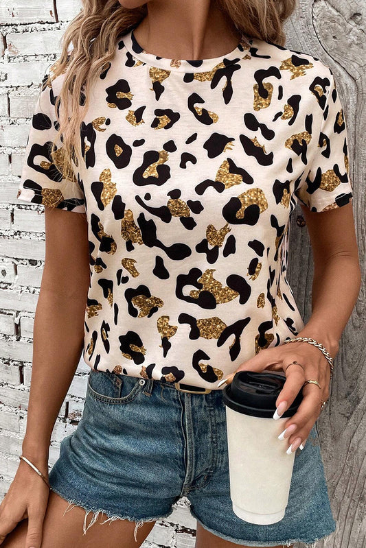 Abrikoos luipaard afdruk ronde nek casual t -shirt
