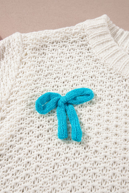 Wit kleurrijke boog gebreide mockhals sweater met korte mouwen