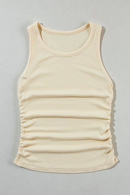 Abrikoos effen slanke tanktop met ruches aan de zijkant