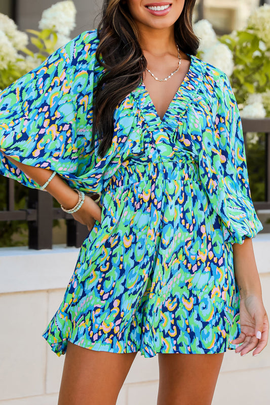 Groene abstracte print Puff Sleeve V Neck High Taille Romper
