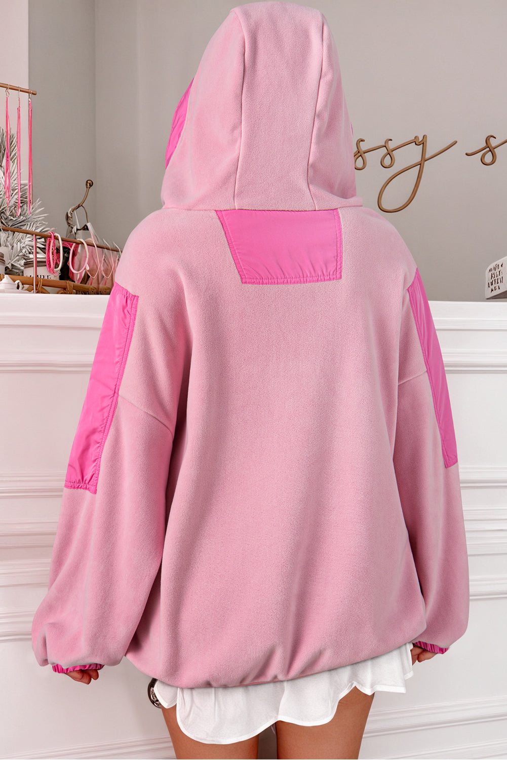 Roze kleurblokpatchwork Half Zip oversized sherpa hoodie