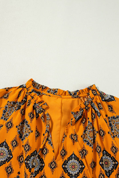 Oranje westerse geometrische print gelaagde frisdress los fit midi -jurk